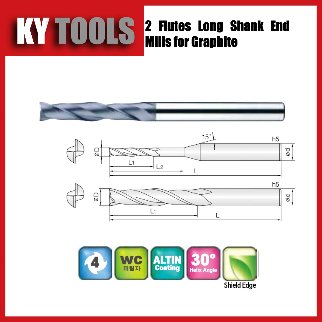 2 Flute Long Shank Square End Mills for Graphite technical drawing and product view