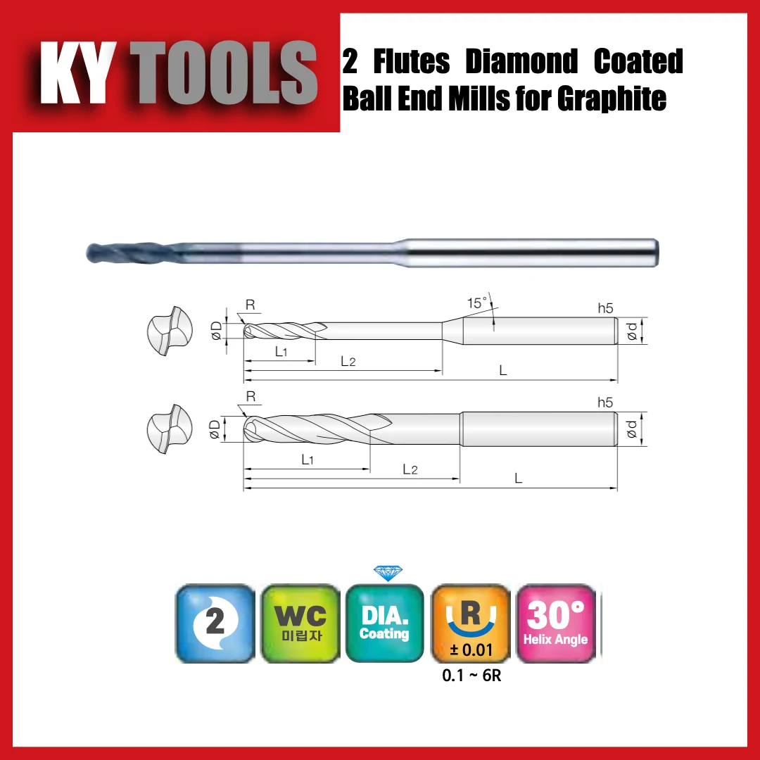 Diamond-coated solid carbide ball nose end mills for graphite with technical dimensions