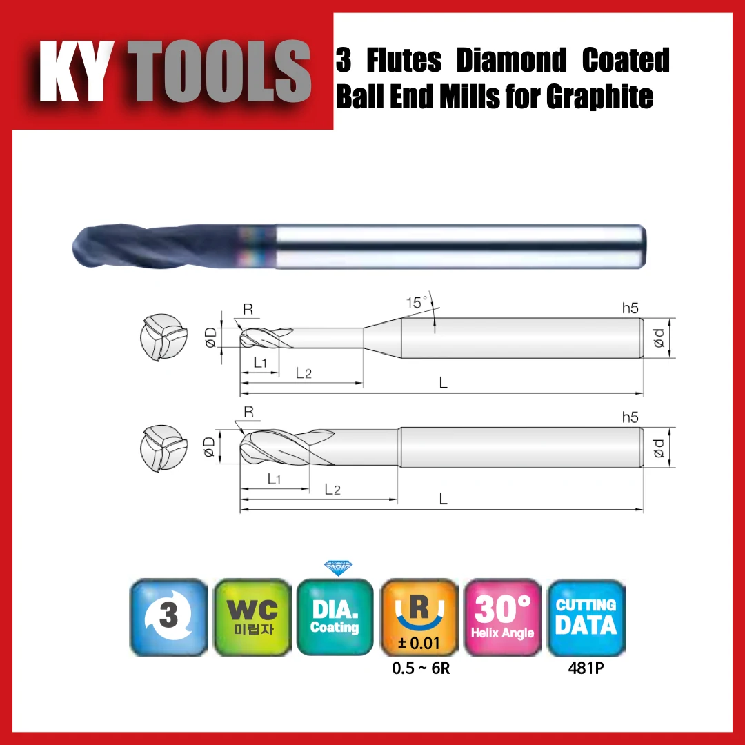 3 Flute Diamond Coated Ball End Mills for Graphite technical drawing and product view