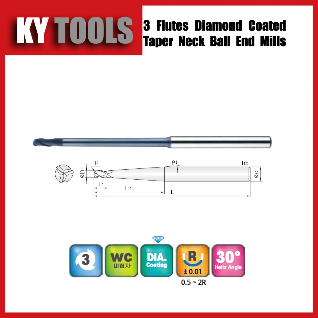 3 Flute Diamond Coated Taper Neck Ball End Mills for Graphite technical drawing and product view