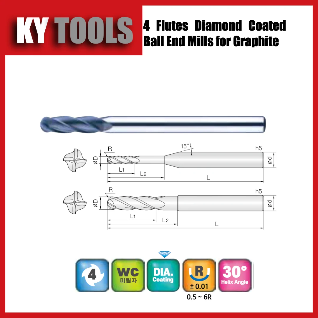 4 Flute Diamond Coated Ball End Mills for Graphite technical drawing and product view