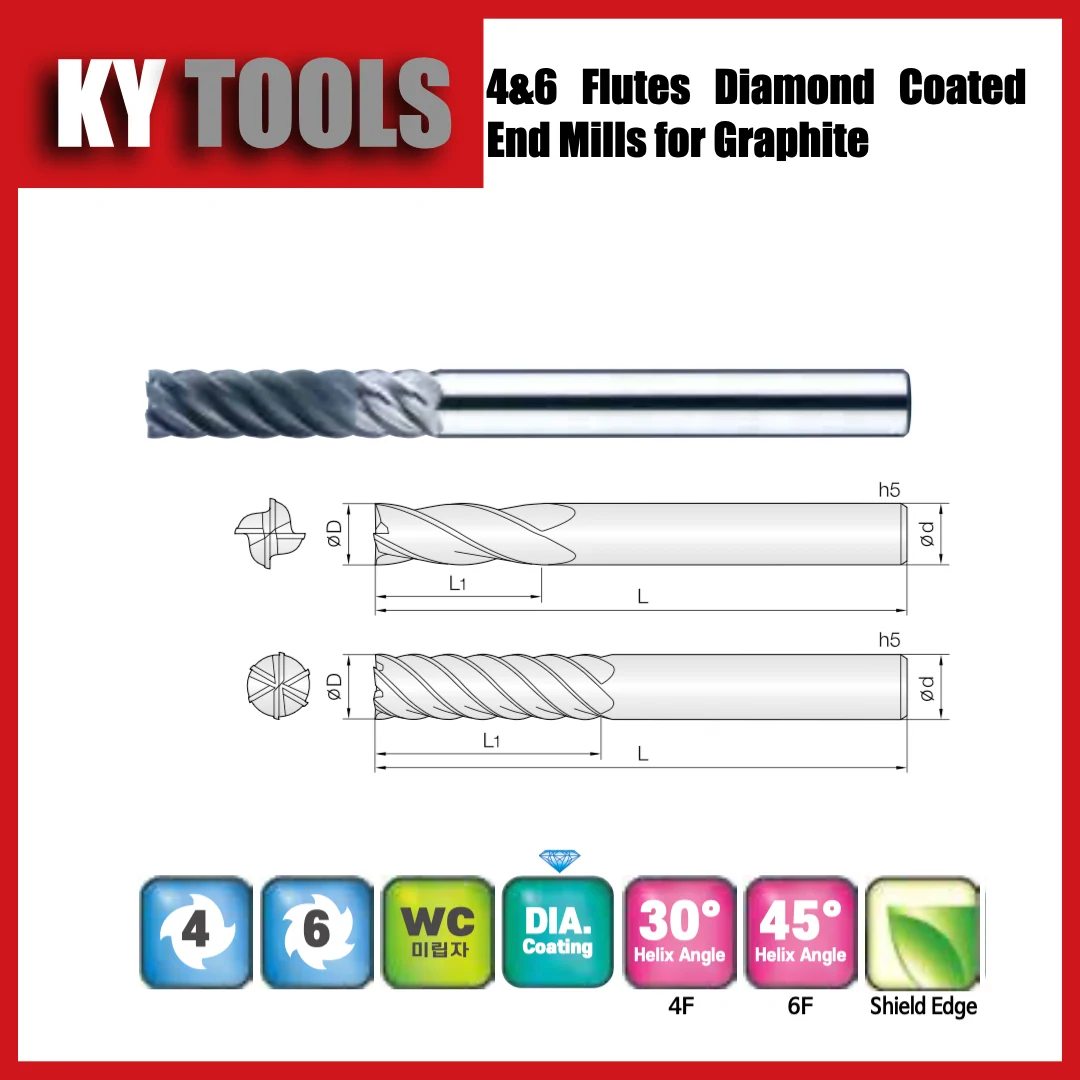 4 & 6 Flute Diamond Coated Square End Mills for Graphite technical drawing and product view
