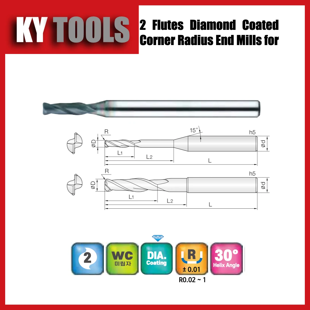 2 Flute Diamond Coated Corner Radius End Mills for Graphite technical drawing and product view